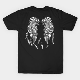 white print with wings and feathers stylized tattoo T-Shirt